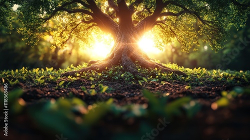 Majestic ancient tree at sunset, sunlight through leaves, roots visible.