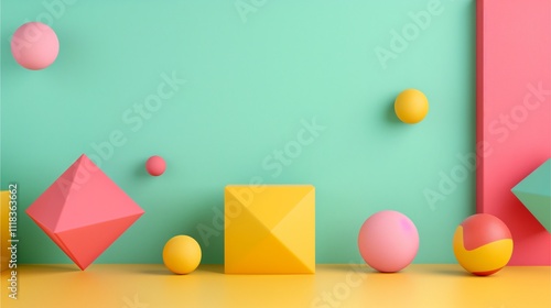 Playful Geometry: A vibrant composition of colorful 3D shapes against a pastel backdrop. Floating spheres and geometric forms create a fun, modern aesthetic.