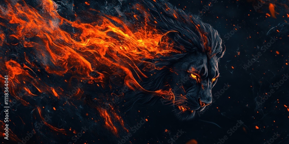 Fiery lion head engulfed in flames against a dark background. Fiery lion head engulfed in flames against a dark background.