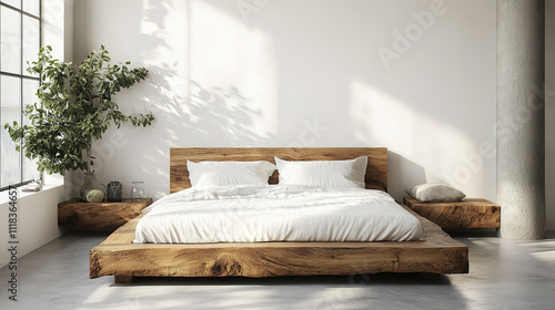 Chic Scandinavian loft bedroom with a rustic wooden bed and minimal white wall space