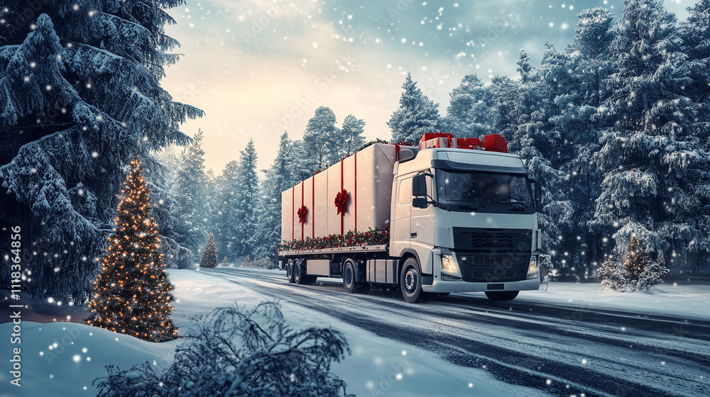 truck on the snow carrying gifts truck on the snow carrying gifts