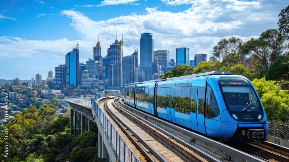 Naklejka premium Modern light rail train on elevated track overlooking city skyline.