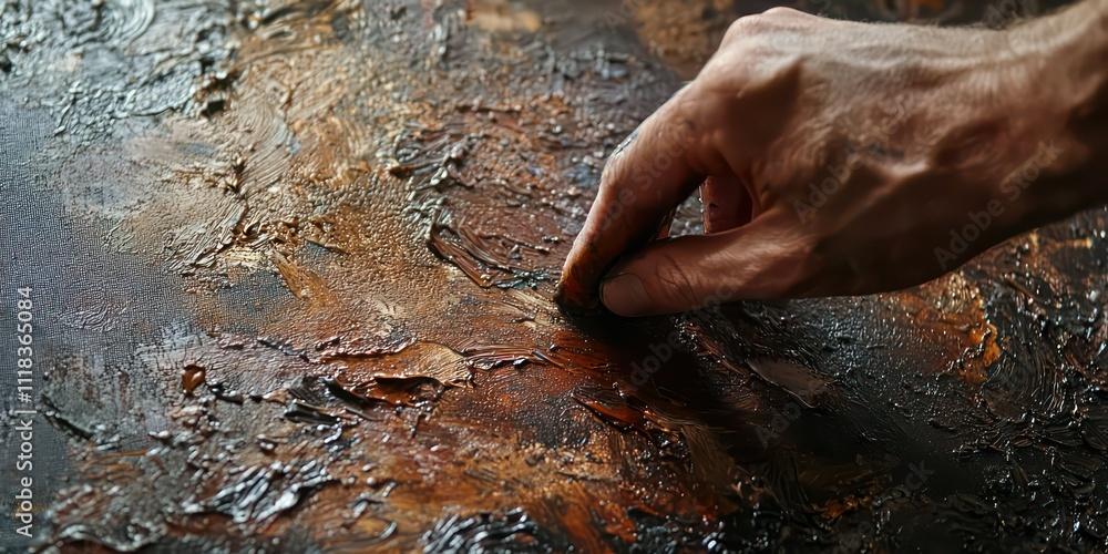 Fototapeta premium A close-up of an artist’s hand applying thick paint to a canvas, capturing the texture and intensity.