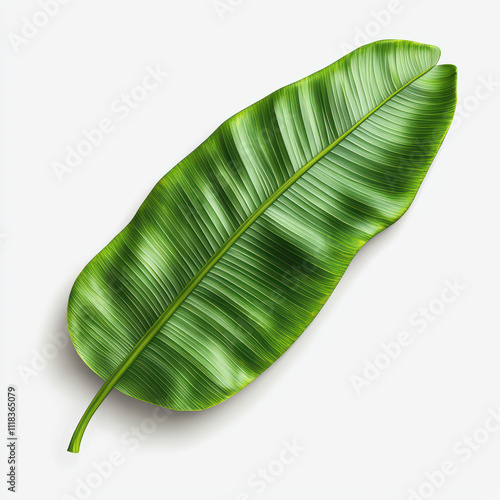 vibrant banana leaf with long, curved edges and detailed texture, showcasing its rich green color and natural beauty. Perfect for tropical themes and nature inspired designs photo