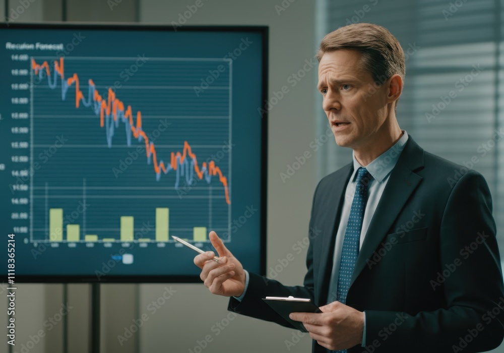 Senior executive is holding a meeting, showing decreasing graphs and explaining negative financial results Senior executive is holding a meeting, showing decreasing graphs and explaining negative financial results