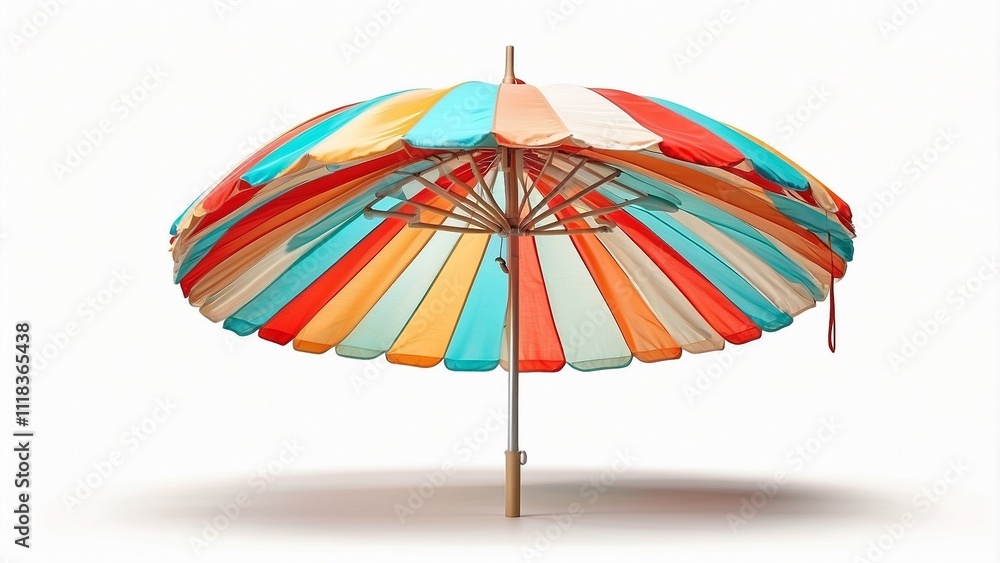 A straw beach umbrella isolated on a white background, showcasing its vibrant, natural texture. The umbrella features a wide, rounded canopy made of tightly woven straw or palm leaves, with a wooden o A straw beach umbrella isolated on a white background, showcasing its vibrant, natural texture. The umbrella features a wide, rounded canopy made of tightly woven straw or palm leaves, with a wooden o