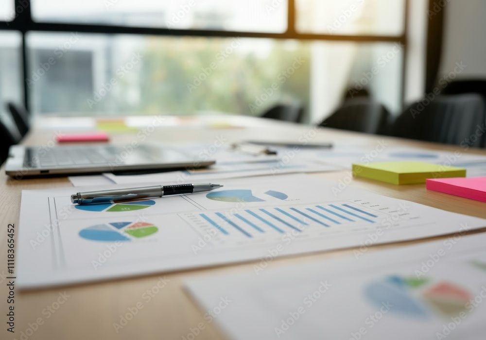 Business documents with charts, graphs, sticky notes, pen and laptop are lying on a wooden office desk Business documents with charts, graphs, sticky notes, pen and laptop are lying on a wooden office desk