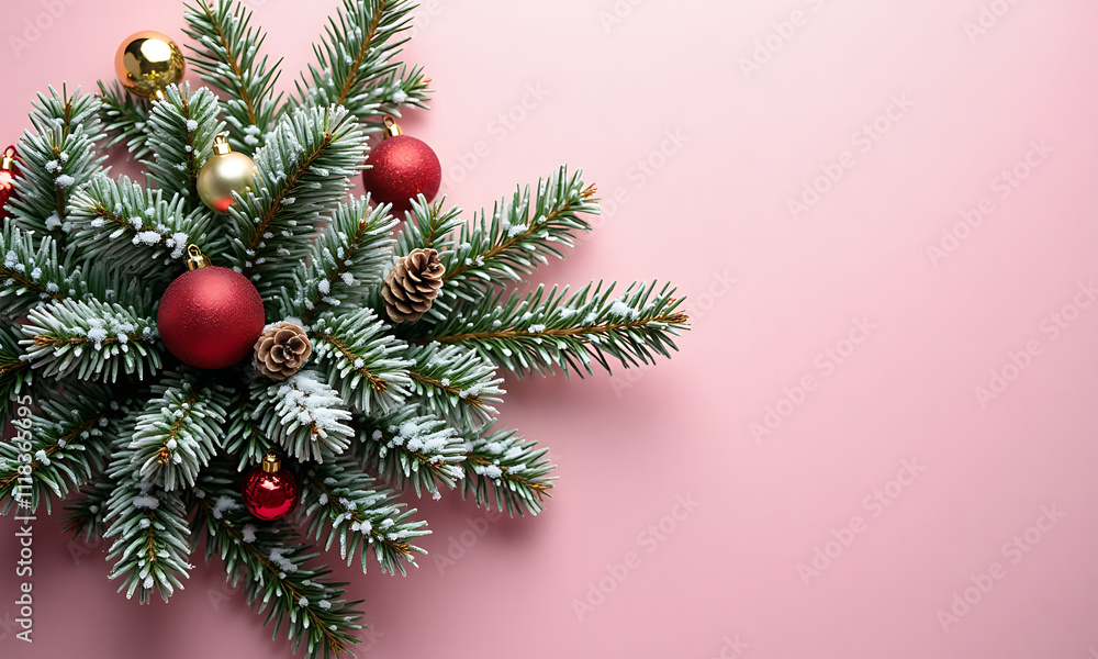 Elegant Christmas Pine Branch with Ornaments in Red and Gold against Pink Background with Copy Space Elegant Christmas Pine Branch with Ornaments in Red and Gold against Pink Background with Copy Space