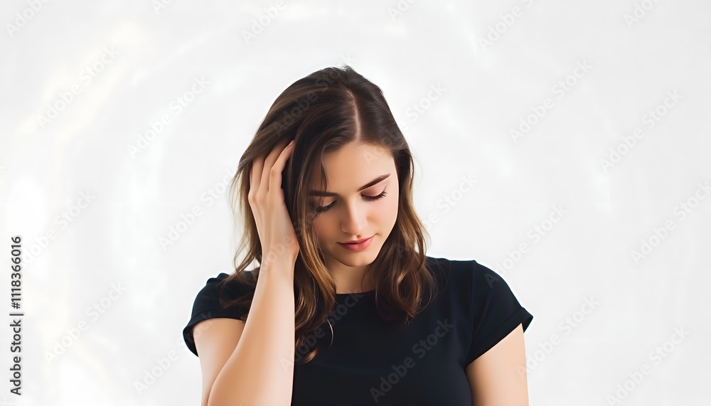 Anxious Woman Gripping Her Forehead with Eyes Shut on Plain White Background Anxious Woman Gripping Her Forehead with Eyes Shut on Plain White Background