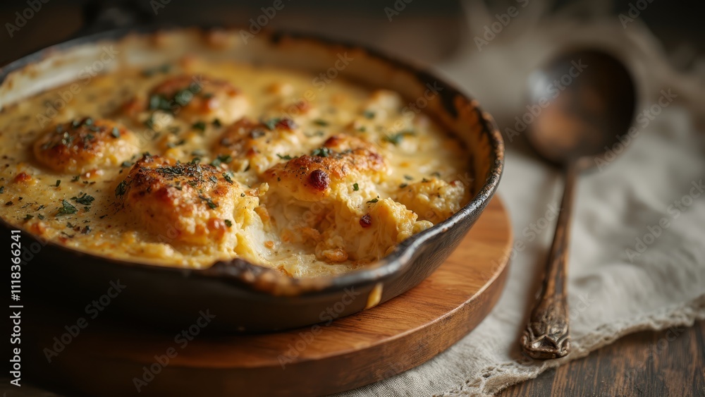 A casserole dish filled with food on top of a wooden table A casserole dish filled with food on top of a wooden table