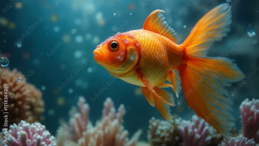 A goldfish swimming in an aquarium with coral and bubbles A goldfish swimming in an aquarium with coral and bubbles