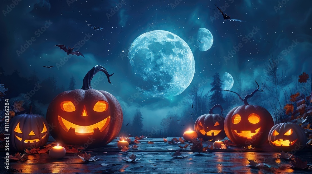 Naklejka premium Lit jack-o'-lanterns on a spooky night with a full moon and bats.