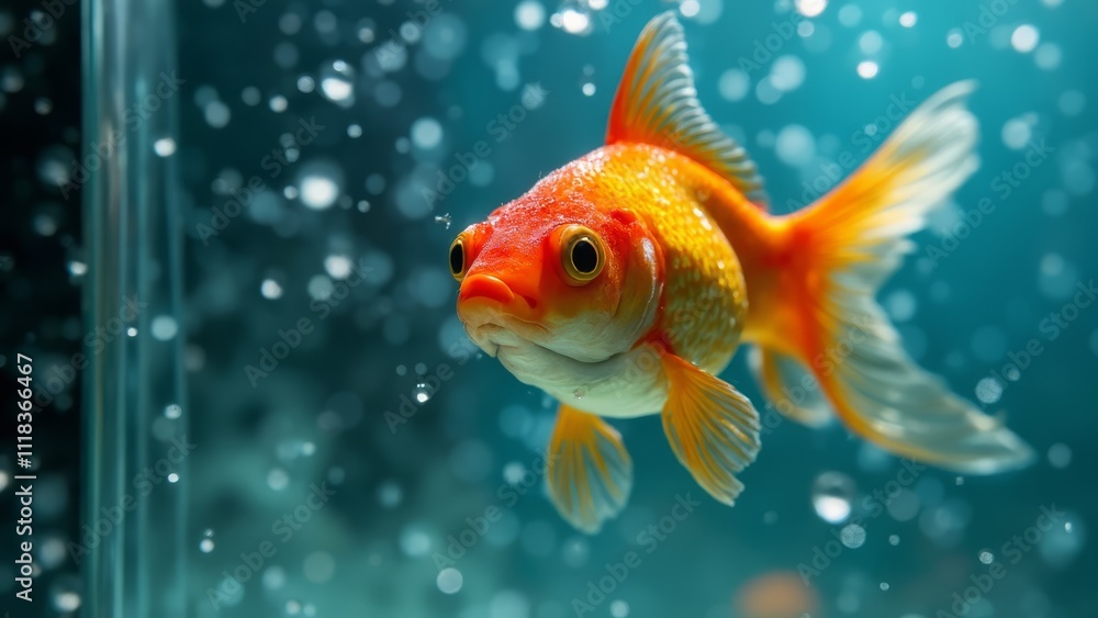 A goldfish swimming in an aquarium with bubbles A goldfish swimming in an aquarium with bubbles