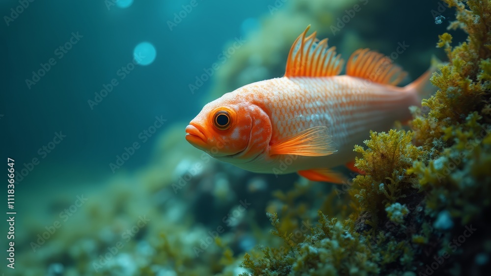 A small orange fish swimming in the ocean near a coral reef A small orange fish swimming in the ocean near a coral reef