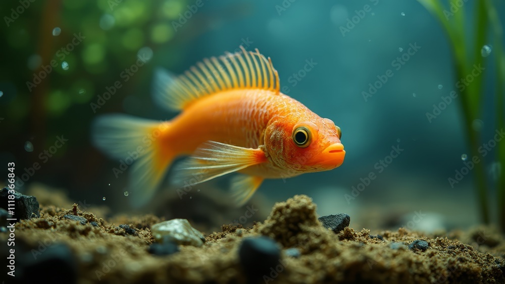 A small orange fish swimming in an aquarium A small orange fish swimming in an aquarium