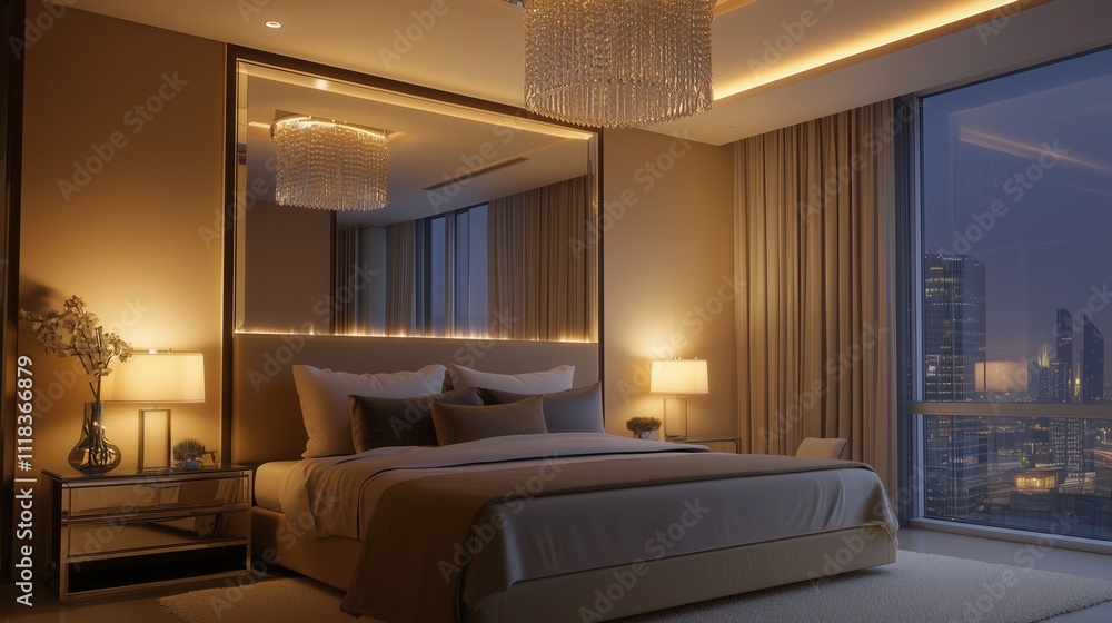 Fototapeta premium Luxury Hotel Room Interior with City View and Crystal Chandelier at Night