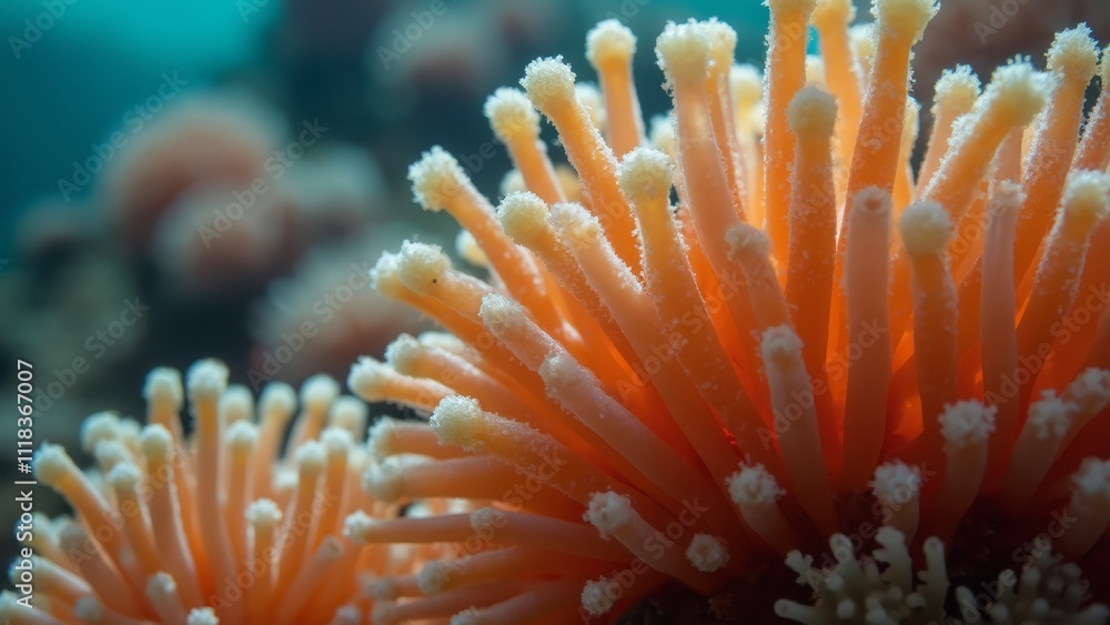 A close up of an orange and white sea anemone A close up of an orange and white sea anemone