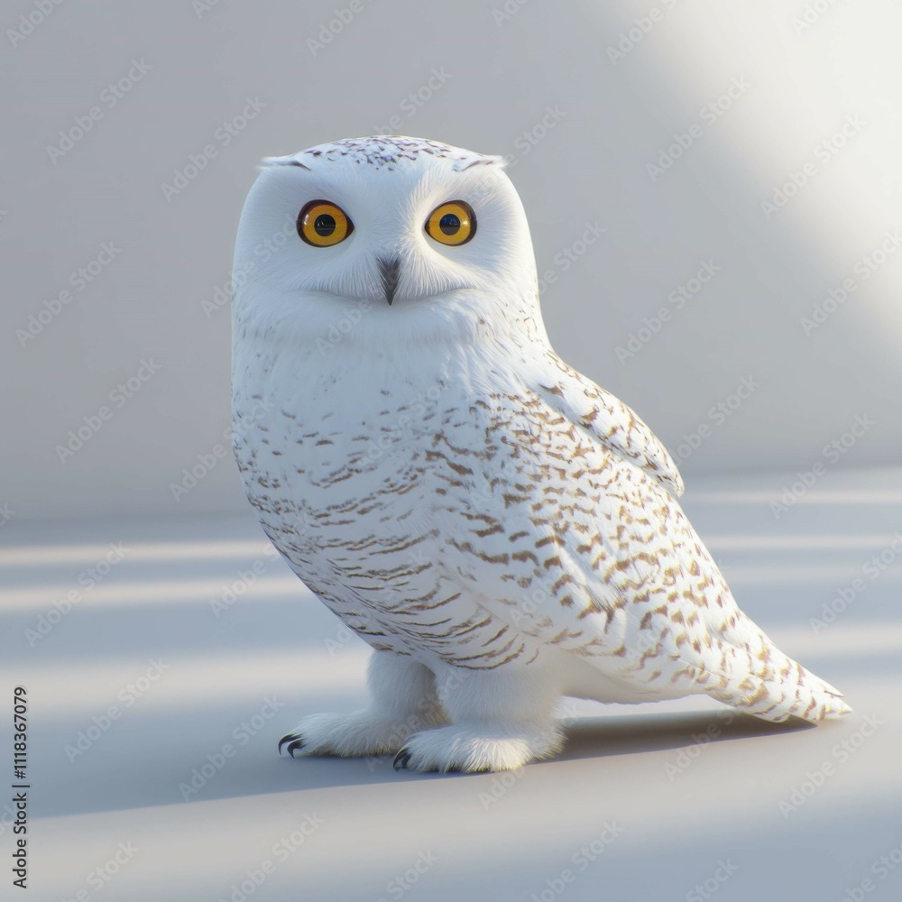 Cute White Owl with Bright Eyes Standing on a Soft Surface in Natural Light Cute White Owl with Bright Eyes Standing on a Soft Surface in Natural Light