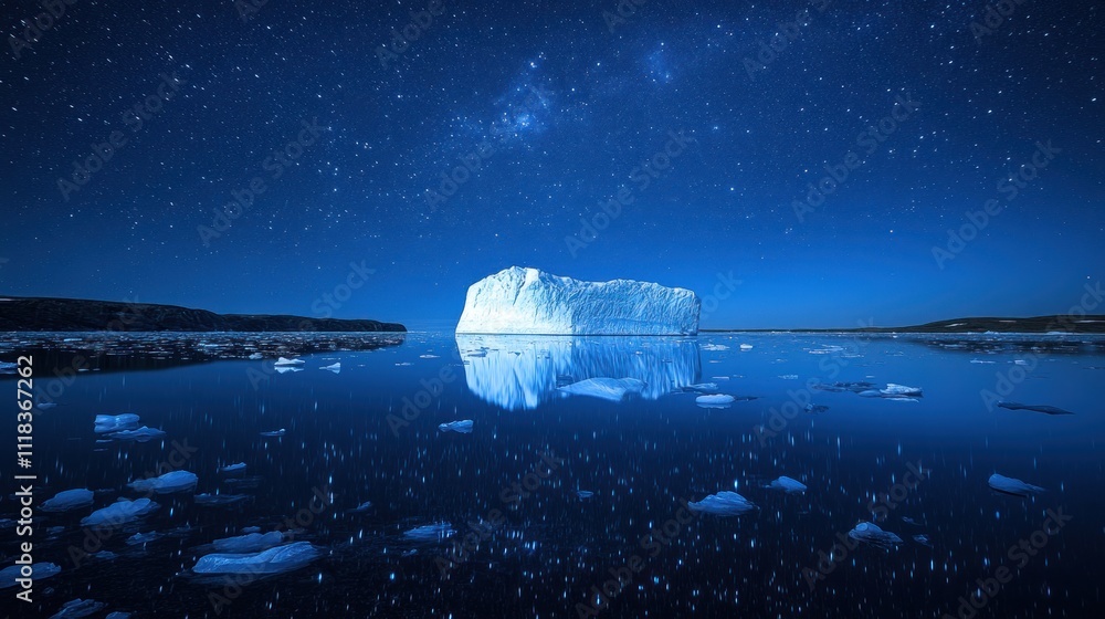 Obraz premium Majestic iceberg under starry night sky, reflecting on calm arctic water.