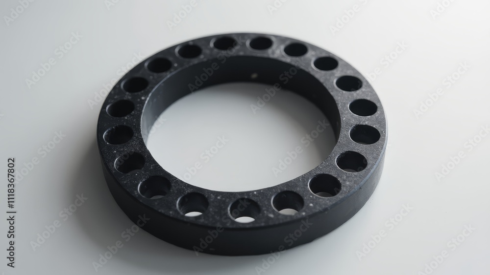 A close up of a black ring on a white surface A close up of a black ring on a white surface