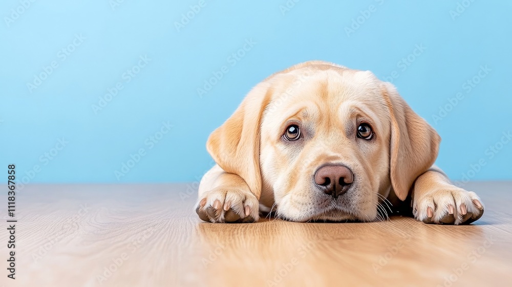 Golden Retriever Puppy on Wooden Floor with Blue Background: A sweet and adorable golden retriever puppy looks at the camera with big brown eyes. Golden Retriever Puppy on Wooden Floor with Blue Background: A sweet and adorable golden retriever puppy looks at the camera with big brown eyes.