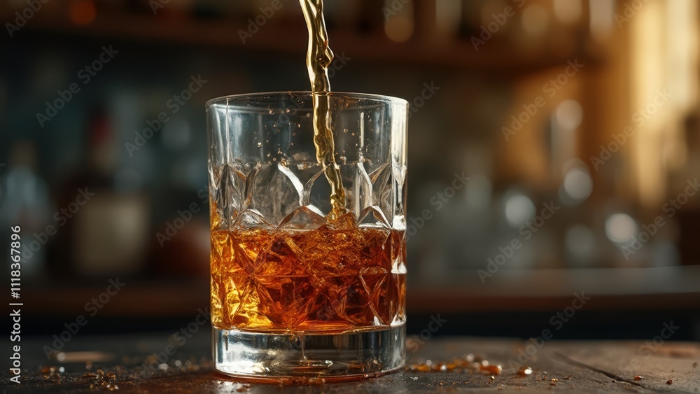 A glass of whiskey being poured into it A glass of whiskey being poured into it