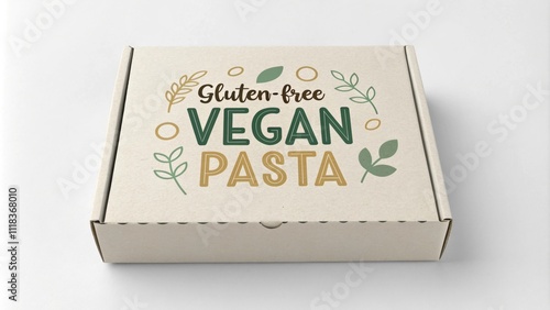 Cardboard box containing gluten free vegan pasta, showcasing a commitment to healthy and sustainable food choices with decorative leaves emphasizing natural ingredients photo