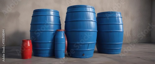 A row of two large blue barrels with one small red barrel, small, crate