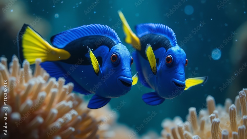 A couple of blue and yellow fish swimming next to each other A couple of blue and yellow fish swimming next to each other