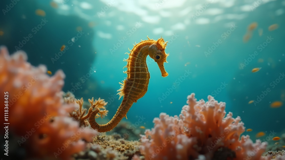 A seahorse swims over a coral reef in the ocean A seahorse swims over a coral reef in the ocean
