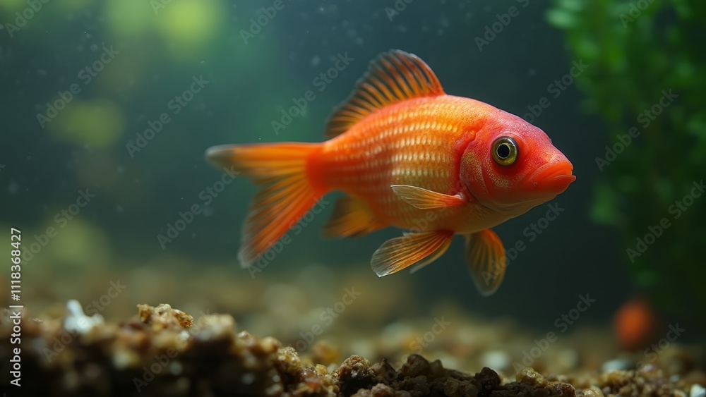 A goldfish swimming in an aquarium with rocks and plants A goldfish swimming in an aquarium with rocks and plants