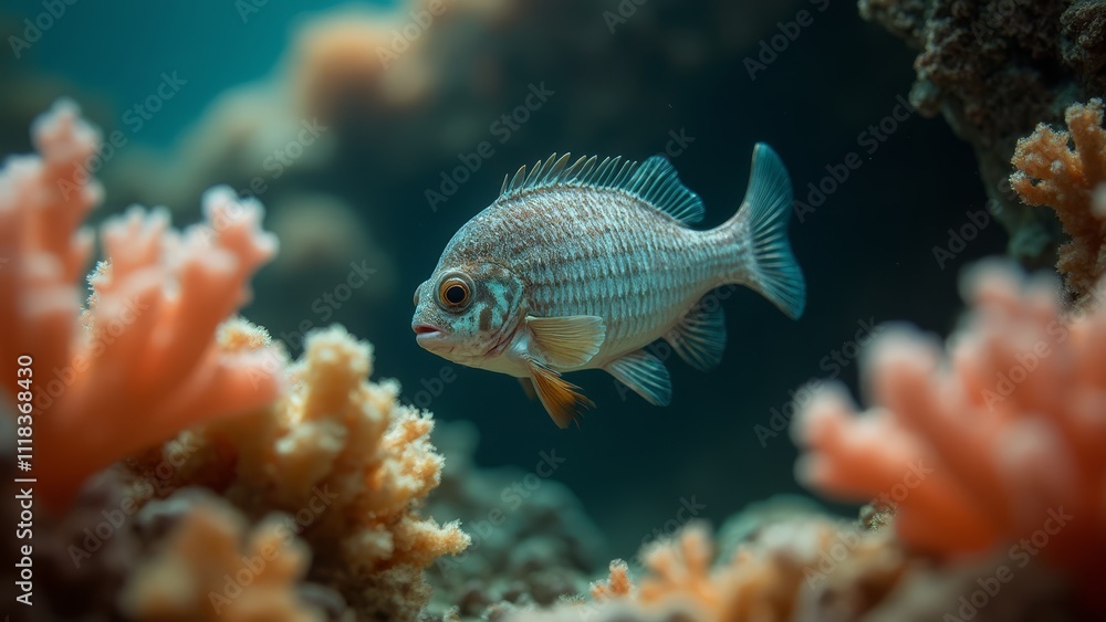 A small fish swimming in the ocean near a coral reef A small fish swimming in the ocean near a coral reef