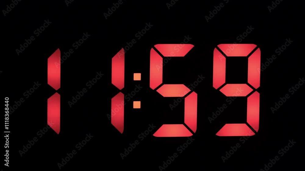 Countdown to midnight with a digital clock displaying 1159, indicating the last minute before a new hour or new year begins
