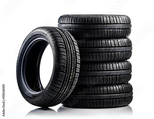 A clean stack of black rubber tires is reflected isolated on white background, showcasing their tread patterns. Perfect for automotive, transportation, or tire-related themes and promotions.