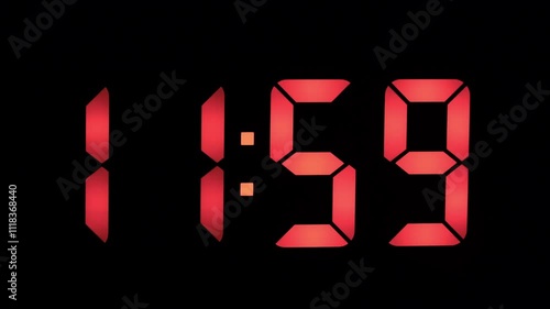 Countdown to midnight with a digital clock displaying 1159, indicating the last minute before a new hour or new year begins