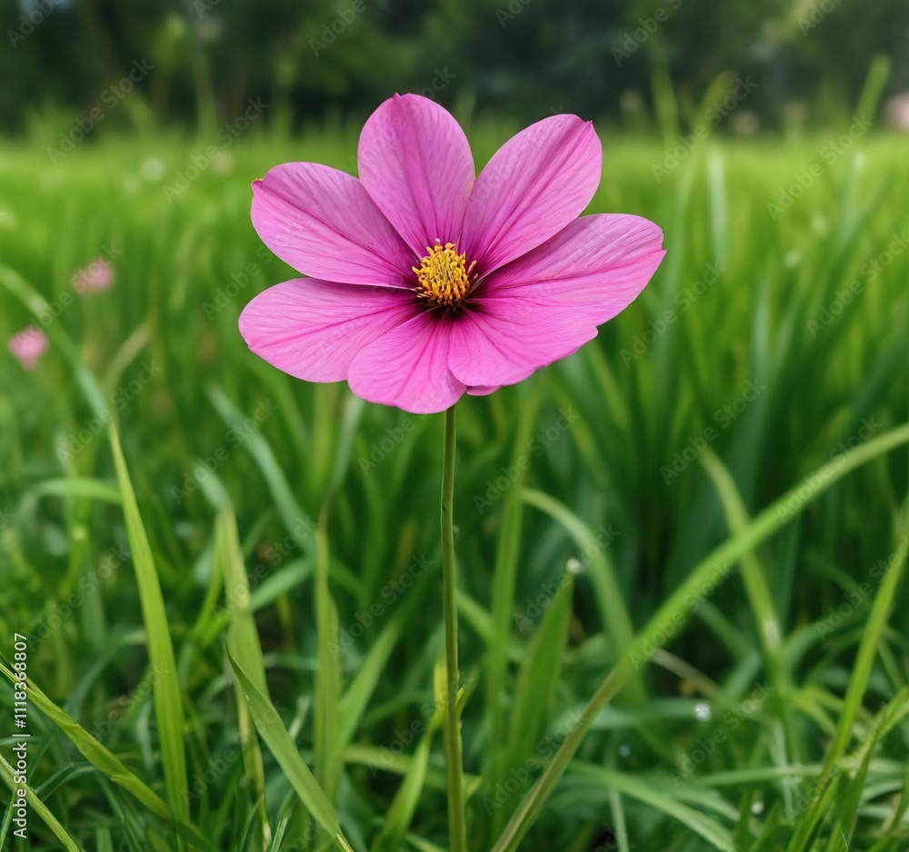 Single-petaled pink flower on a slender stem amidst lush green grass, solitary bloom, pastel hue, nature Single-petaled pink flower on a slender stem amidst lush green grass, solitary bloom, pastel hue, nature