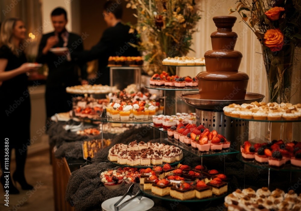 Fototapeta premium Guests enjoying a luxurious dessert buffet featuring a chocolate fountain and various pastries, cakes, and fruit desserts at a catered event
