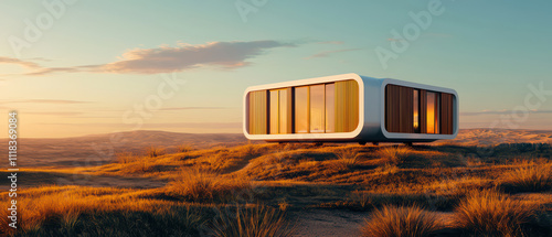 futuristic modular home stands on grassy hill, showcasing bold geometric design and large windows reflecting sunset. serene landscape enhances its modern aesthetic