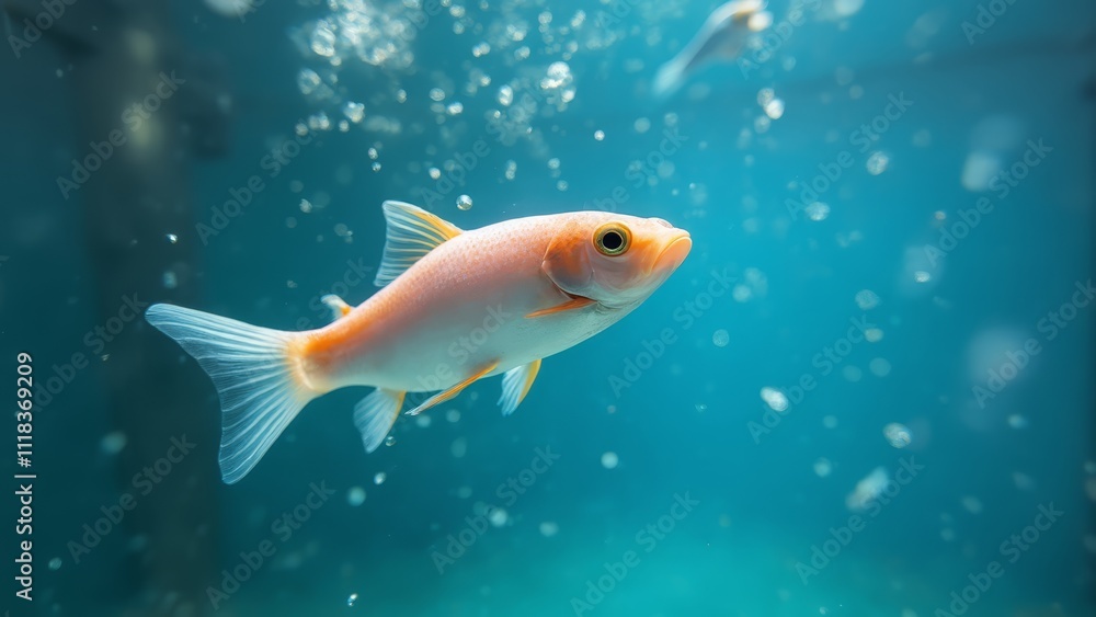 A goldfish swimming in an aquarium with bubbles A goldfish swimming in an aquarium with bubbles