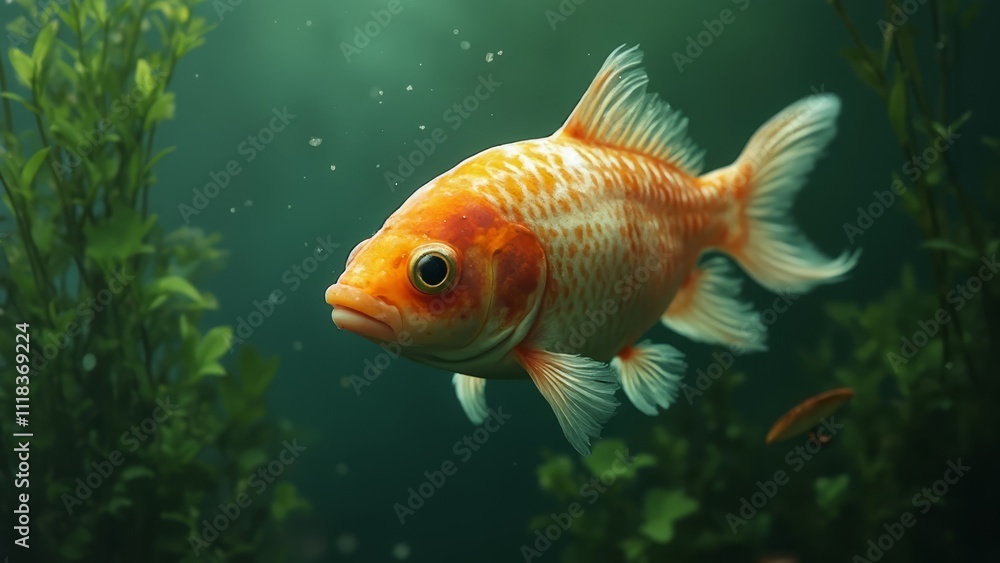 A goldfish swimming in an aquarium surrounded by plants A goldfish swimming in an aquarium surrounded by plants