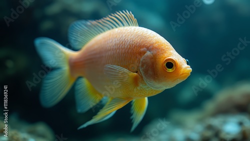 A goldfish swimming in an aquarium with rocks and water