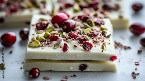 Delicate white chocolate bark topped with dried cranberries, pistachios, and chocolate shavings. A perfect blend of creamy, sweet, and nutty flavors, ideal for holiday treats or festive gifts.