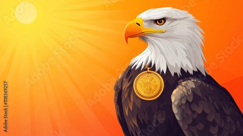 A striking eagle displays a shiny gold medallion around its neck, standing proudly against a backdrop of vibrant orange sunlight. The scene emphasizes the bird's powerful presence photo