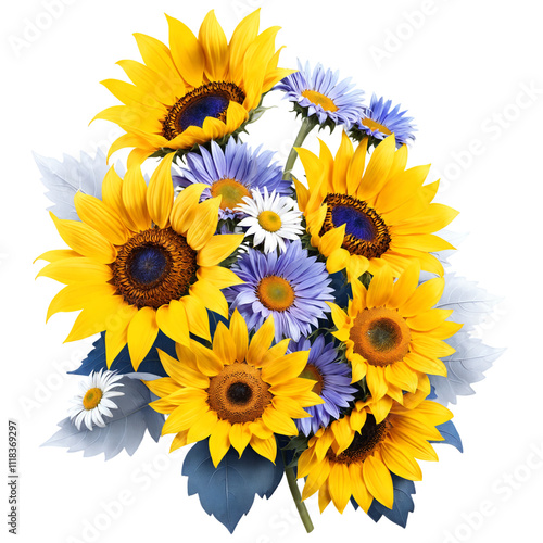 Bright sunflowers with large golden petals combined with smaller purple aster flowers on a transparent background