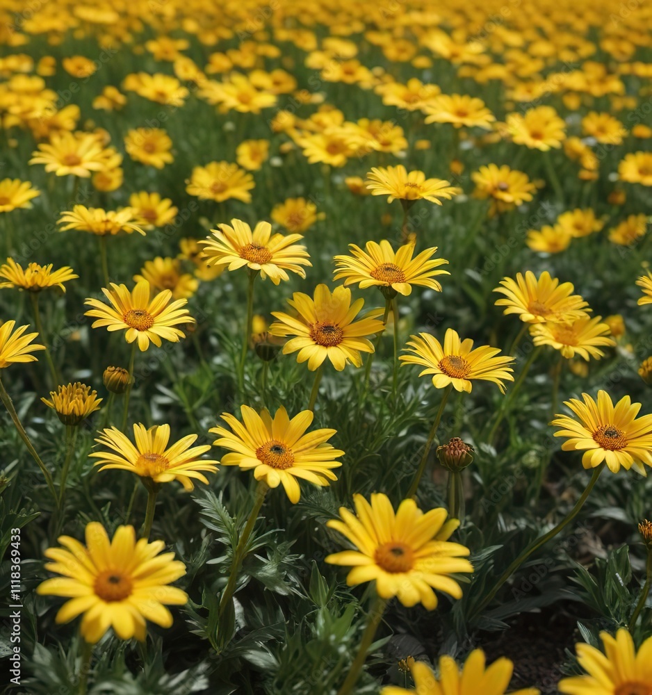 Field of vibrant yellow daisies dancing in the wind, vibrant yellow flowers, open landscape Field of vibrant yellow daisies dancing in the wind, vibrant yellow flowers, open landscape