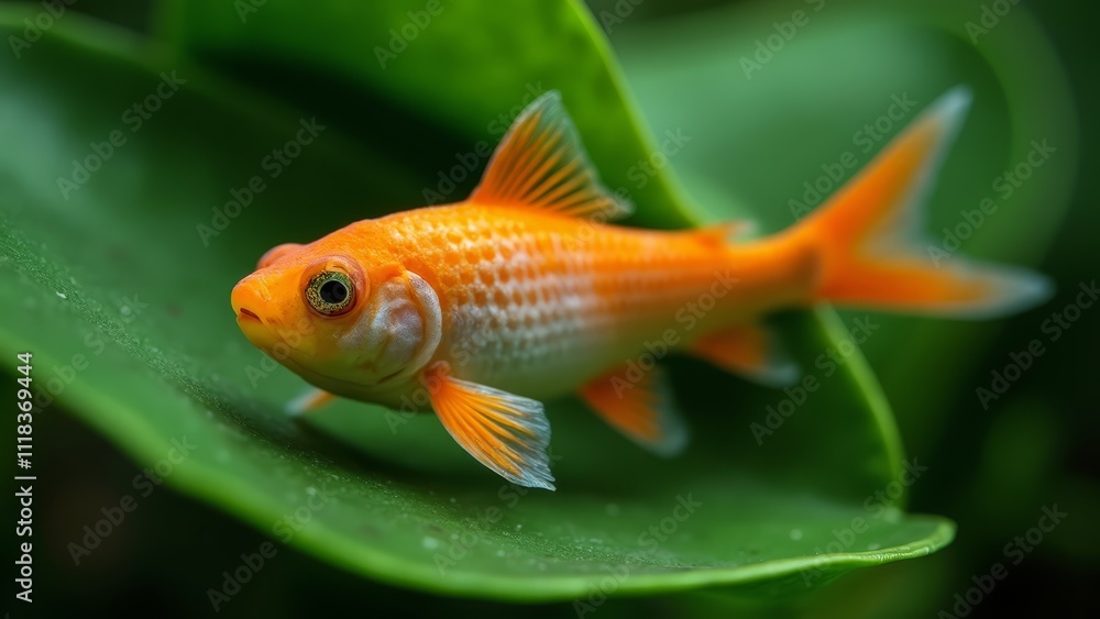 A goldfish swimming in an aquarium with a green leaf A goldfish swimming in an aquarium with a green leaf