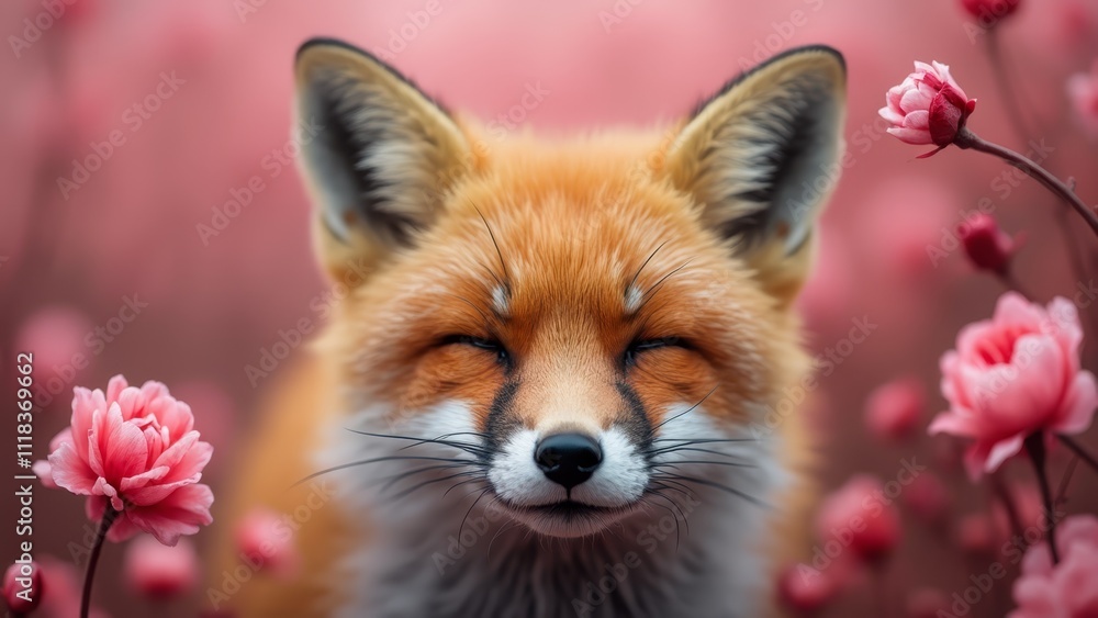A red fox sleeping in a field of pink flowers A red fox sleeping in a field of pink flowers