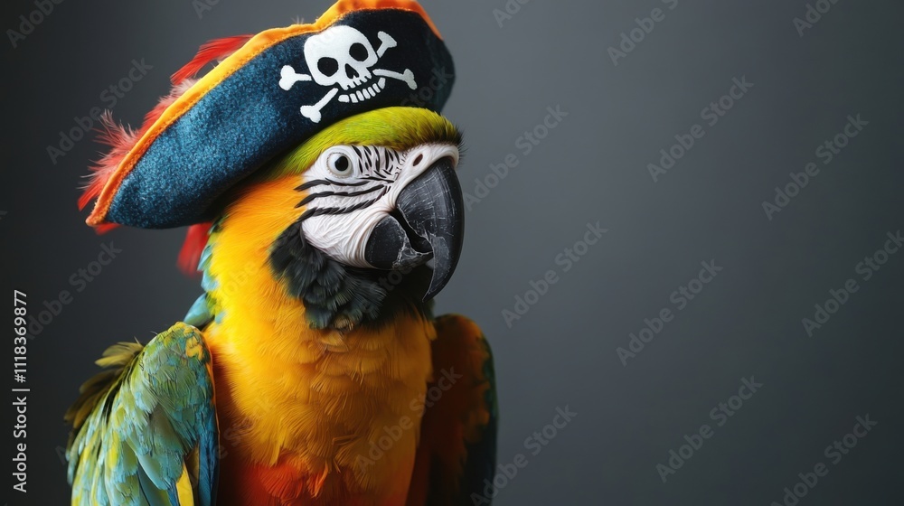 Naklejka premium A colorful parrot wearing a miniature pirate hat poses confidently against a dark background, displaying its unique personality and vibrant feathers, perfect for a whimsical moment