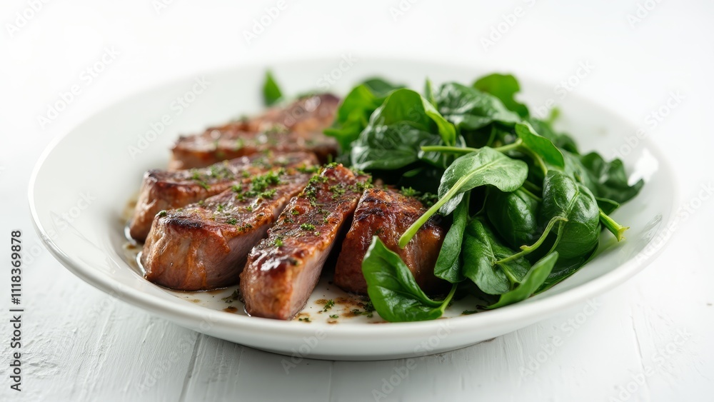 A white plate topped with meat and spinach A white plate topped with meat and spinach