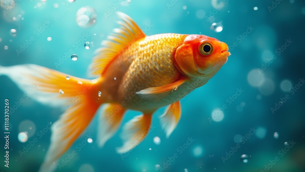 A goldfish swimming in an aquarium with bubbles A goldfish swimming in an aquarium with bubbles